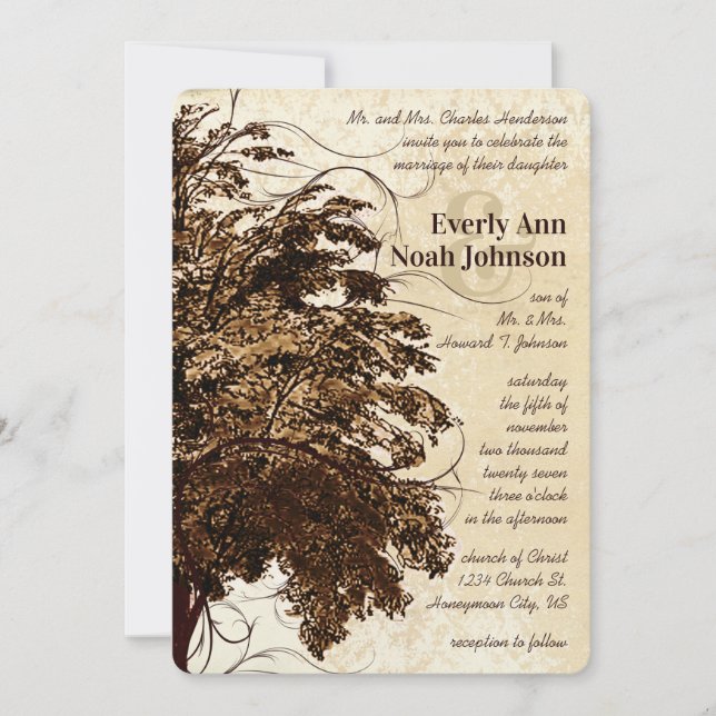 Brown Blüh Oak Tree Einladung zur Hochzeit (Vorderseite)