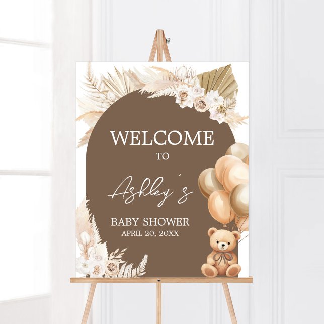 Brown Boho Bear Balloon Baby Dusche Willkommen Poster (Brown Balloons Baby Shower Welcome Sign)