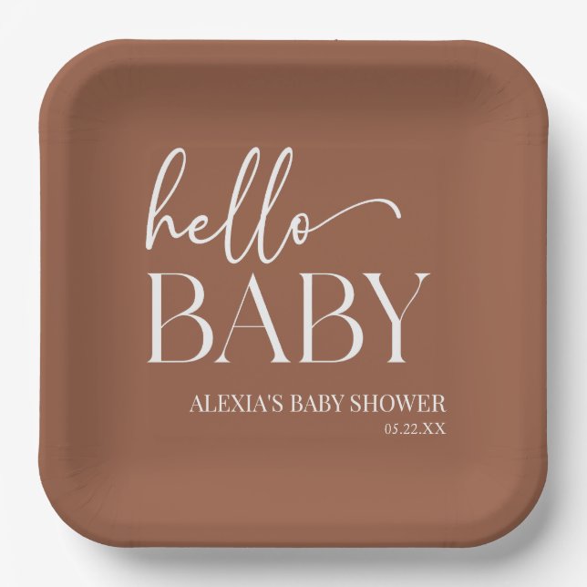 Brown Boho Bohemisch Hello Baby Dusche Pappteller (Vorderseite)