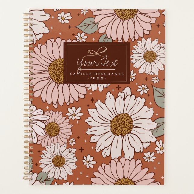 Brown Boho Retro Floral Print Personalisiert Planer (Vorderseite)