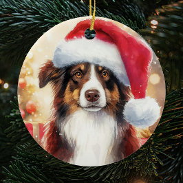 Brown Border Collie Weihnachtsmannmütze Weihnachte Keramik Ornament