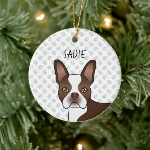 Brown Boston Terrier Cartoon Dog Head & Dog Name Keramik Ornament