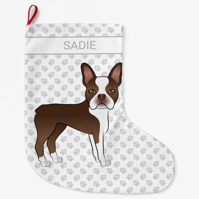 Brown Boston Terrier Cartoon Dog & Individuelle Na Großer Weihnachtsstrumpf (Vorderseite)