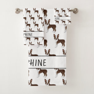 Brown Boston Terrier Cartoon Dog Muster mit Namen Badhandtuch Set