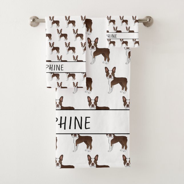 Brown Boston Terrier Cartoon Dog Muster mit Namen Badhandtuch Set (Insitu)