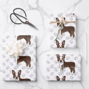 Brown Boston Terrier Cartoon Dog Pattern & Paws Geschenkpapier Set