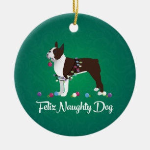 Brown Boston Terrier Feliz Naughty Dog Design Keramik Ornament