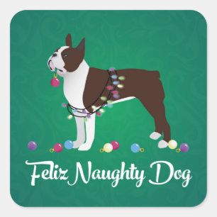 Brown Boston Terrier Feliz Naughty Dog Design Quadratischer Aufkleber