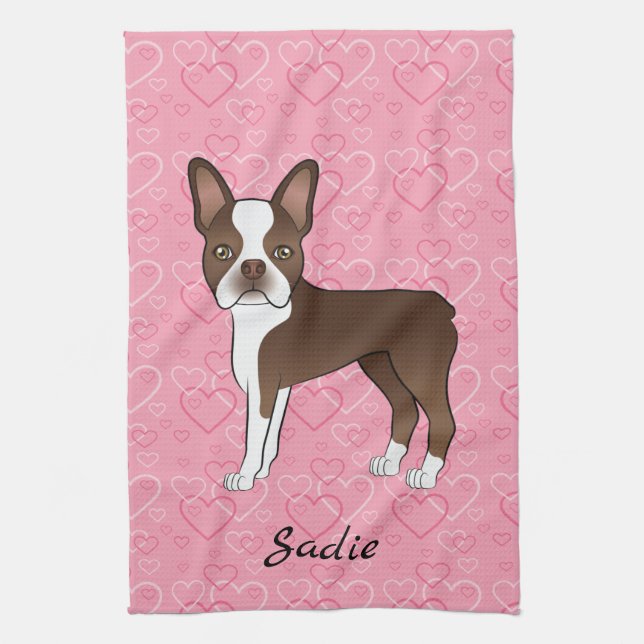 Brown Boston Terrier Hund auf rosa Herzen und Name Geschirrtuch (Vertikal)
