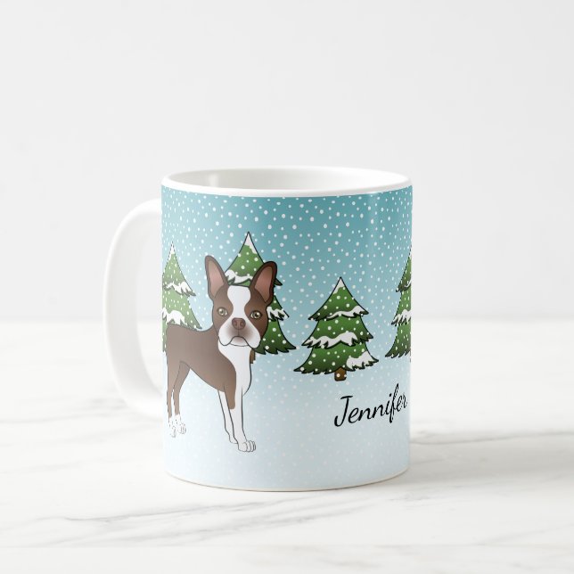 Brown Boston Terrier in einem Winterwald & Name Kaffeetasse (Vorderseite Links)
