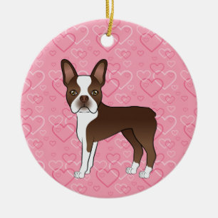 Brown Boston Terrier on Pink Hearts Pet Memorial Keramik Ornament