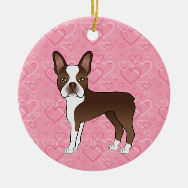Brown Boston Terrier on Pink Hearts Pet Memorial Keramik Ornament (Vorne)