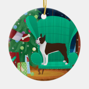 Brown Boston Terrier und das Geschenk des Weihnach Keramik Ornament
