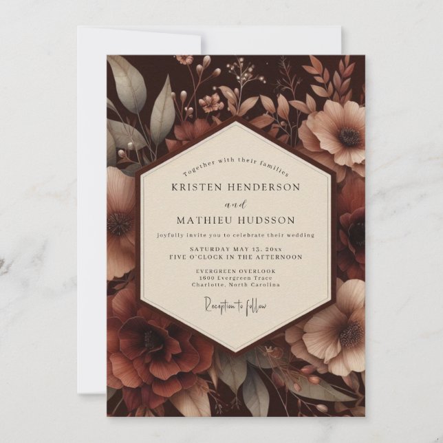 Brown Botanical Moody Wedding Einladung (Vorderseite)