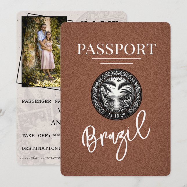 Brown Brazil Passport Save the Date (Vorne/Hinten)