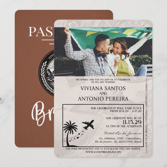 Brown Brazil Passport Wedding Einladung (Vorne/Hinten)