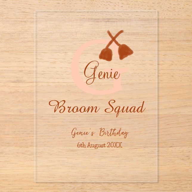 Brown broom Squad Geburtstagsname Pfirsichmonogram Acryleinladungen (Vorderseite)