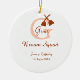 Brown broom Squad Geburtstagsname Pfirsichmonogram Keramik Ornament