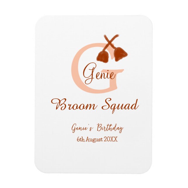 Brown broom Squad Geburtstagsname Pfirsichmonogram Magnet (Vertikal)