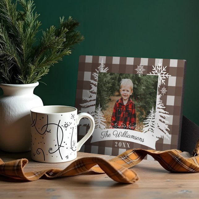 Brown Buffalo Kariert Rustikales Pine Tree Family  Fotoplatte (Brown Buffalo Plaid Rustic Pine Tree Family Photo Plaque)