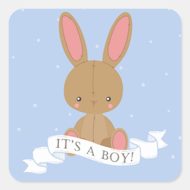 Brown Bunny Rabbit Es ist ein Junge! Babyparty Quadratischer Aufkleber (Vorderseite)