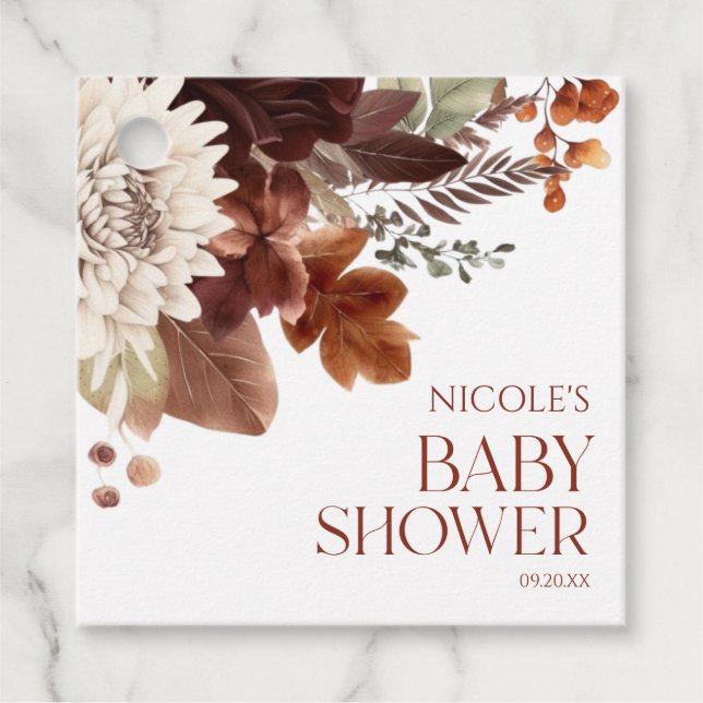 Brown Burgundy Baby in Bloom Floral Baby Dusche Geschenkanhänger (Vorderseite)