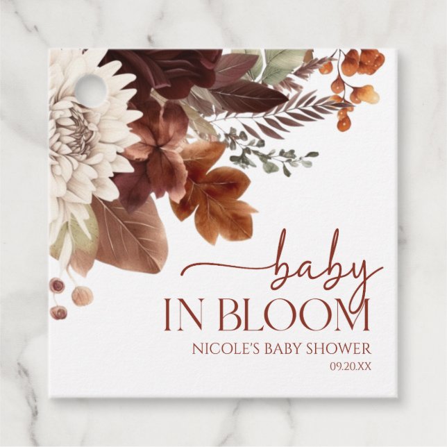 Brown Burgundy Baby in Bloom Floral Baby Dusche Geschenkanhänger (Vorderseite)