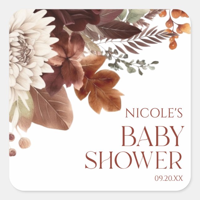 Brown Burgundy Baby in Bloom Floral Baby Dusche Quadratischer Aufkleber (Vorderseite)