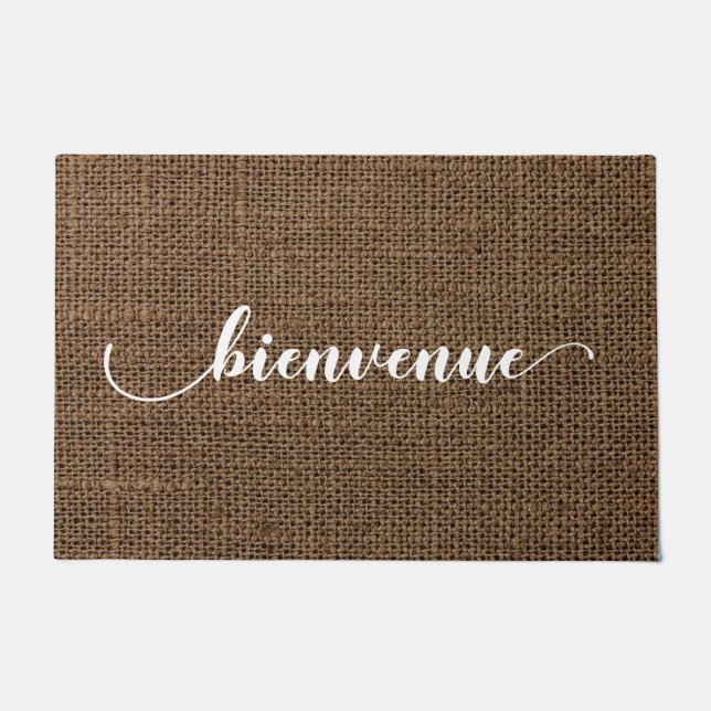 Brown Burlap Look Welcome Bienvenue Mat Fußmatte (Vorderseite)