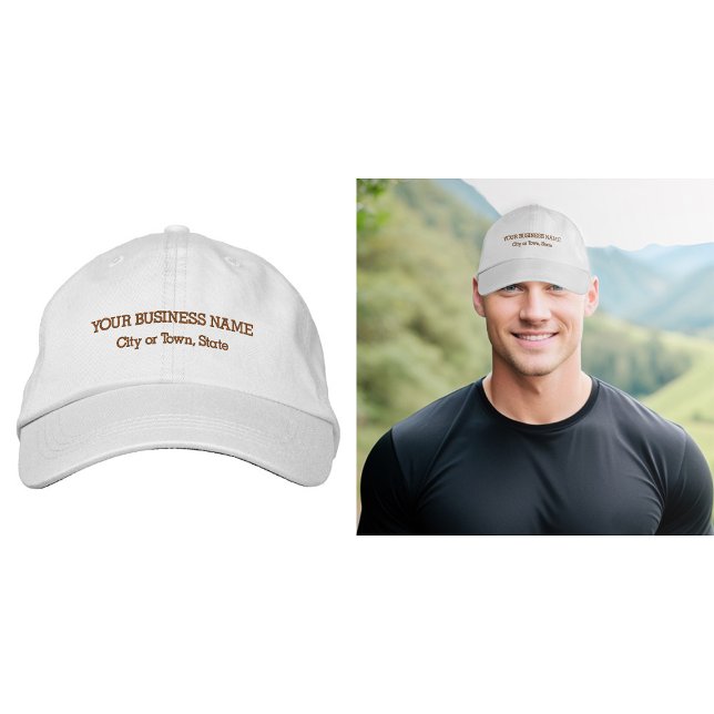 Brown Business Text bestickt auf Cap Bestickte Baseballkappe (Business name and location embroidered on cap in brown thread)
