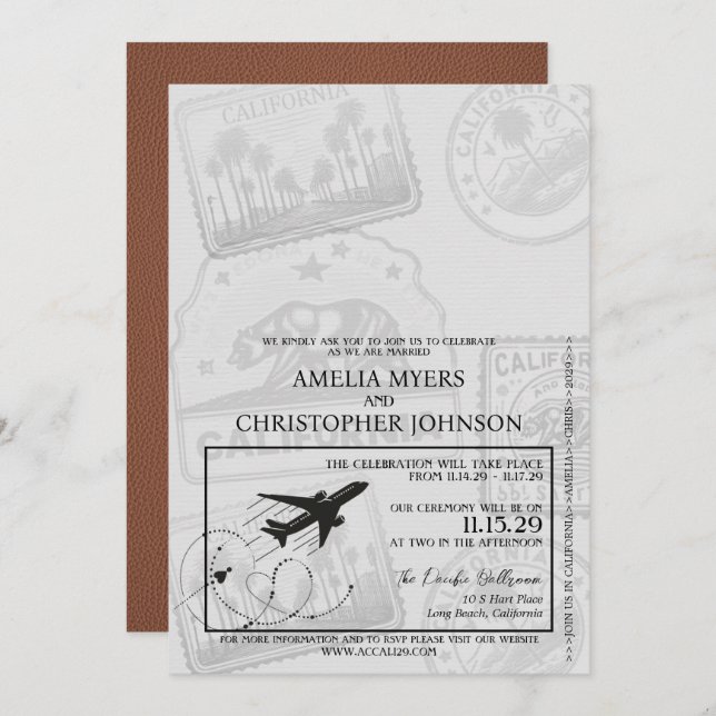 Brown California Passport Wedding Einladung (Vorne/Hinten)