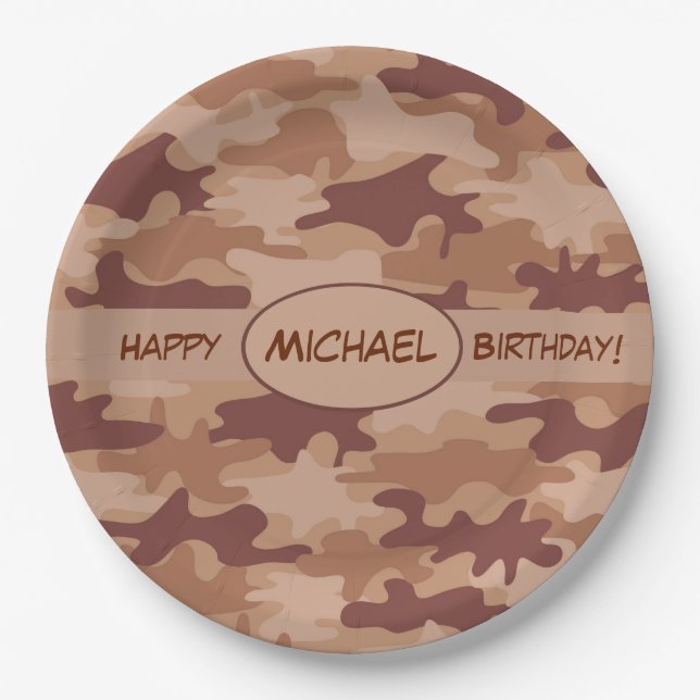 Brown Camouflage Happy Birthday Name Personalisier Pappteller (Vorderseite)