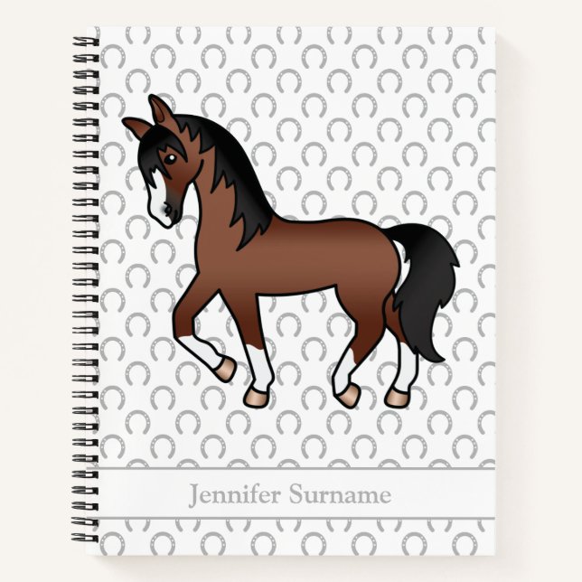 Brown Cartoon Trotting Horse & Custom Text Notizbuch (Vorderseite)
