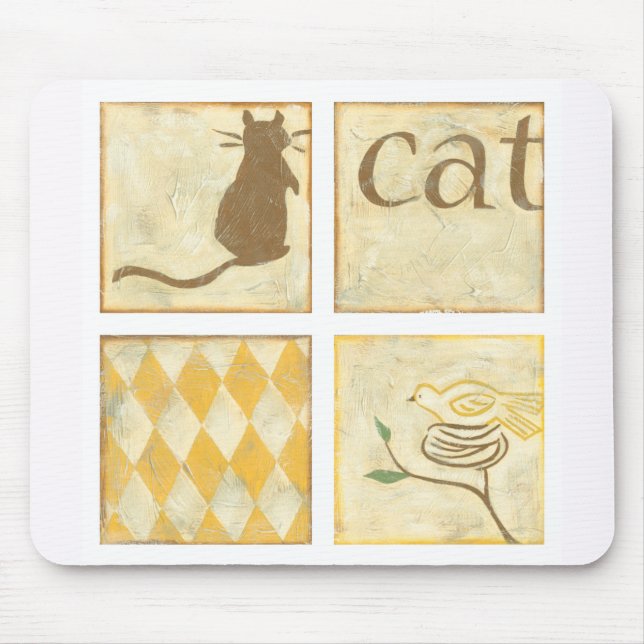 Brown Cat and Yellow Bird by Chariklia Zarria Mousepad (Vorne)