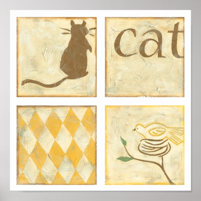 Brown Cat and Yellow Bird by Chariklia Zarria Poster (Vorne)