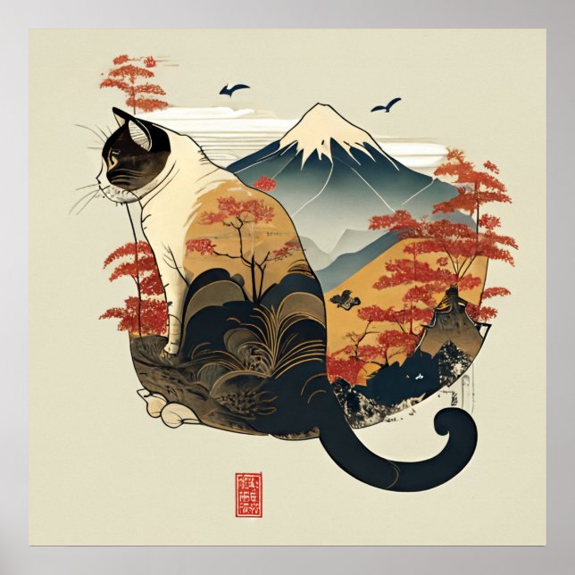 Brown Cat mit Mount Fuji Poster (Vorne)