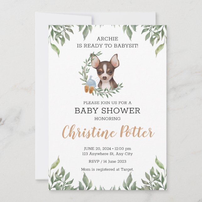 Brown Chihuahua Dog Boy Boho Greenery Baby Shower Einladung (Vorderseite)