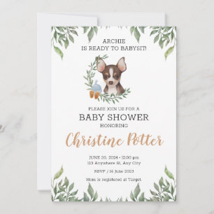 Brown Chihuahua Dog Boy Boho Greenery Baby Shower Einladung