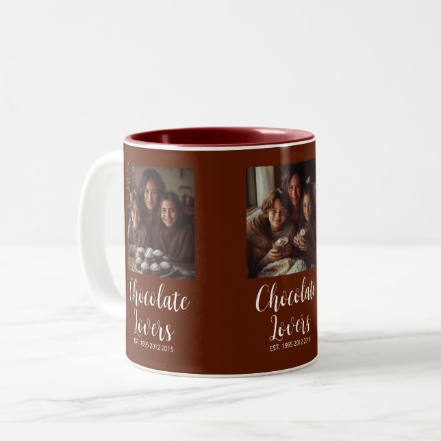 Brown Chocolate Lovers Established 3 Photo Script Zweifarbige Tasse (Vorderseite Links)