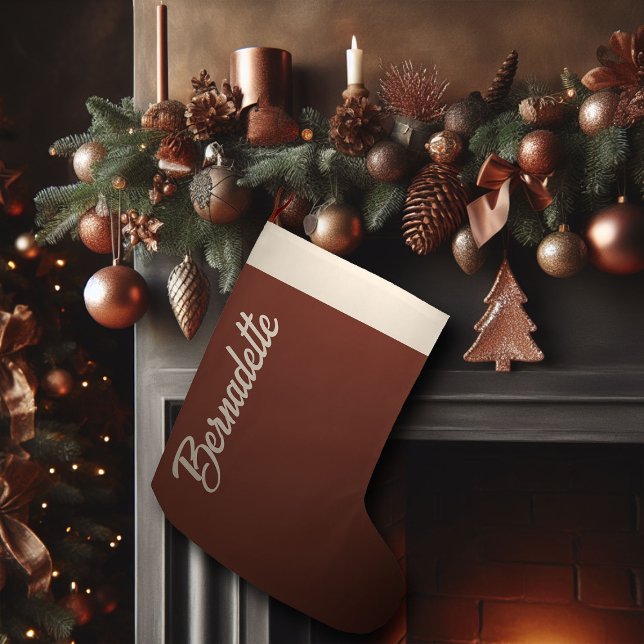 Brown Christmas Copper Beige Calligraphy Custom Großer Weihnachtsstrumpf (brown christmas stocking personalized copper name calligraphy)