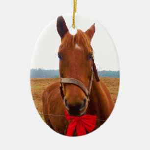 Brown Christmas Horse and Red Bow Keramikornament