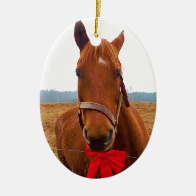 Brown Christmas Horse and Red Bow Keramikornament (Vorne)