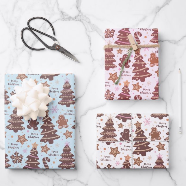 Brown Christmas Trees Gingerbread Männer Weihnacht Geschenkpapier Set (Vorderseite)