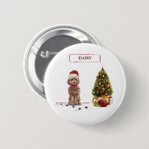 Brown Cockapoo Funny Christmas Dog and Tree Button