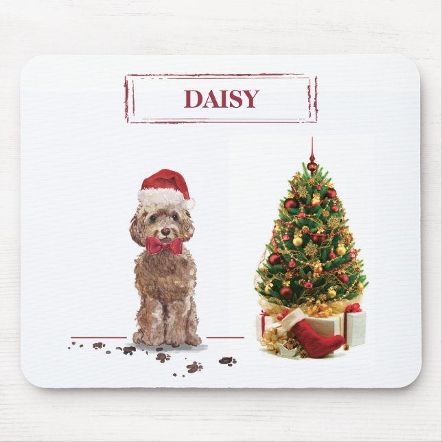 Brown Cockapoo Funny Christmas Dog and Tree Mousepad (Vorne)
