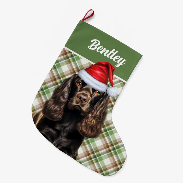 Brown Cocker Spanisch Green Kariert mit Hundenname Großer Weihnachtsstrumpf (Vorderansicht (hängend))