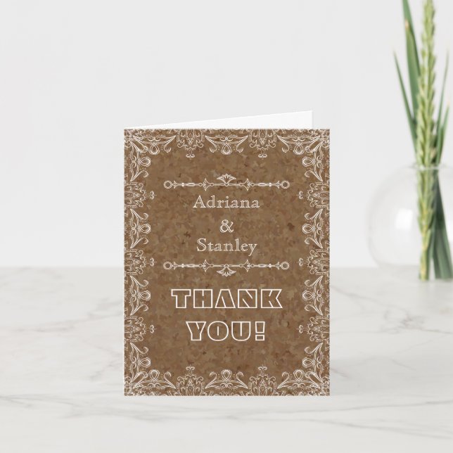 Brown cork & flourish frame wedding Thank You Dankeskarte (Vorderseite)