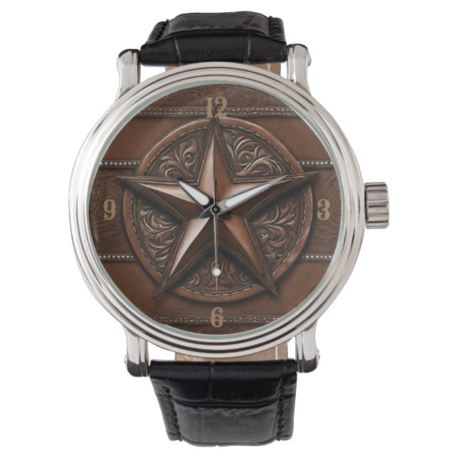 Brown Cowboy Rustikaler Western Land Texas Star Armbanduhr (Vorderseite)