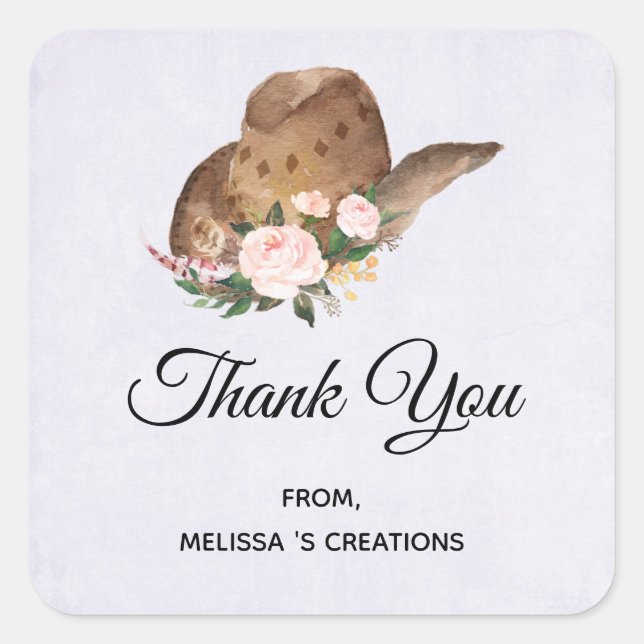 Brown Cowgirl Hat mit Pink Blume Business Quadratischer Aufkleber (Vorderseite)