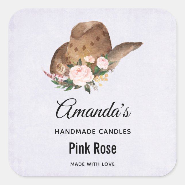 Brown Cowgirl Hut mit rosa Blume Candle Biz Quadratischer Aufkleber (Vorderseite)